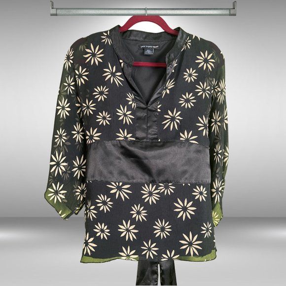 St Tropez West Black and Tan Flower Sheer Kimono Shirt w Satin Sash - Picture 2 of 9